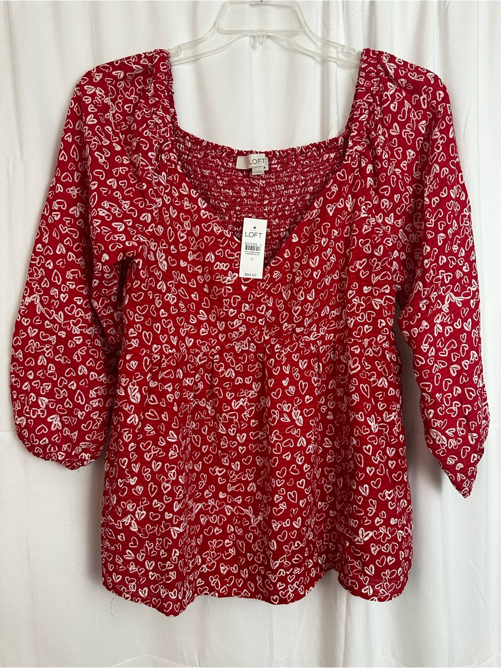 LOFT Women’s Red Heart-Print Peasant Blouse with White Hearts, Size 12, NWT